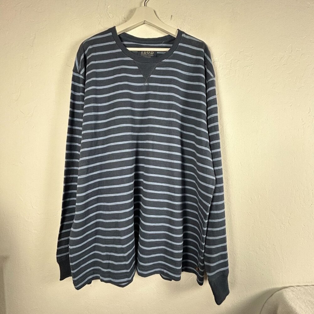 Izod Mens Luxury Sport Vintage Striped Shirt XXL Blue Crew Neck Long Sleeve New